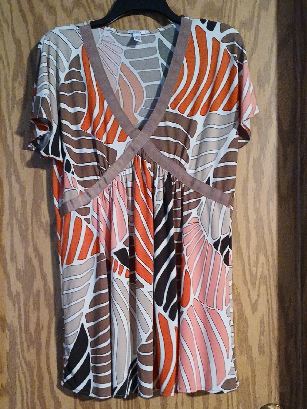 V-Neck Short Sleeve Patterned Women’s Dress in Brown, Orange & Pink